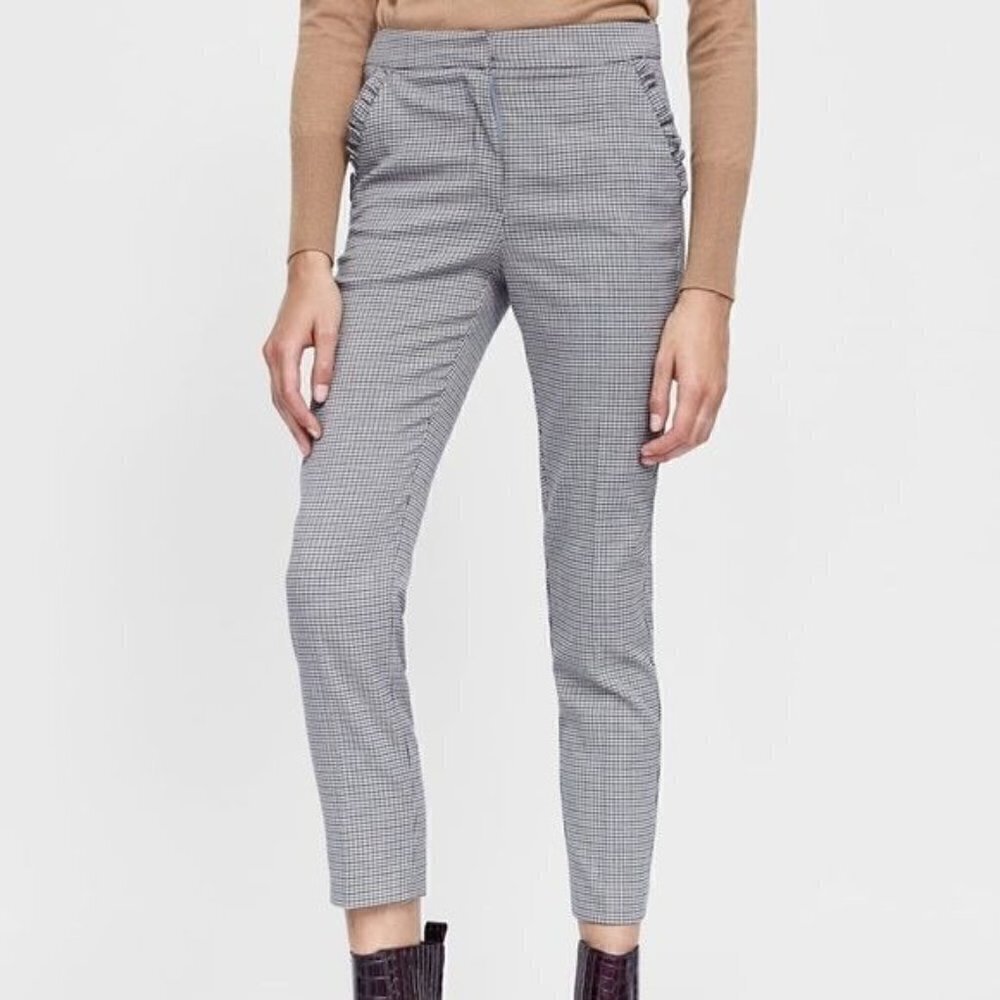 Zara TRF Gray Plaid Ruffle Straight Leg Dress Trousers L